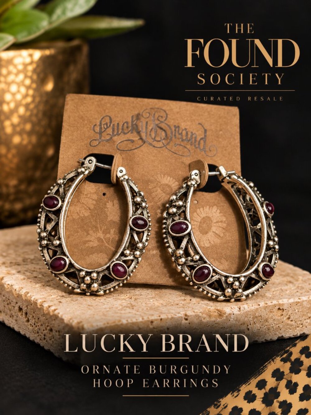 Lucky Brand Ornate Silver-Tone Burgundy Cabochon Hoop Earrings